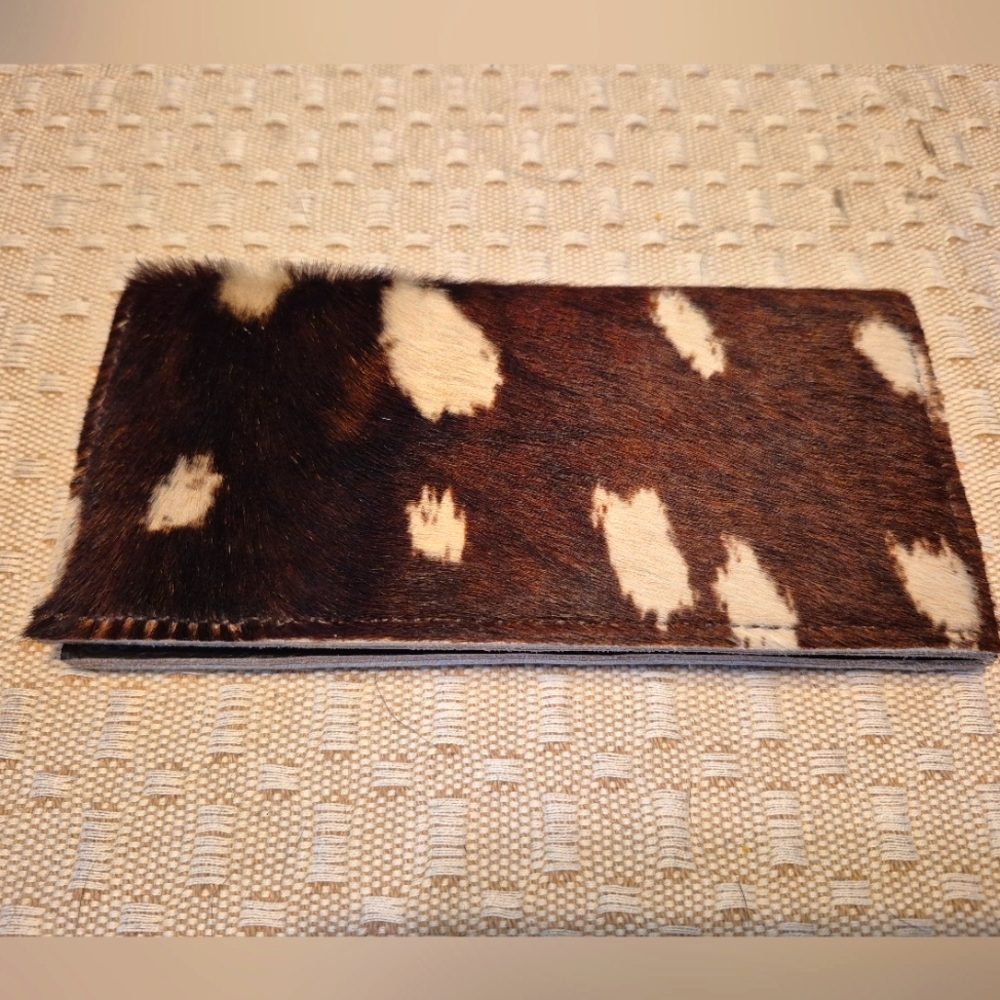 Cowhide And Leather Check Book with Brown and White Pattern